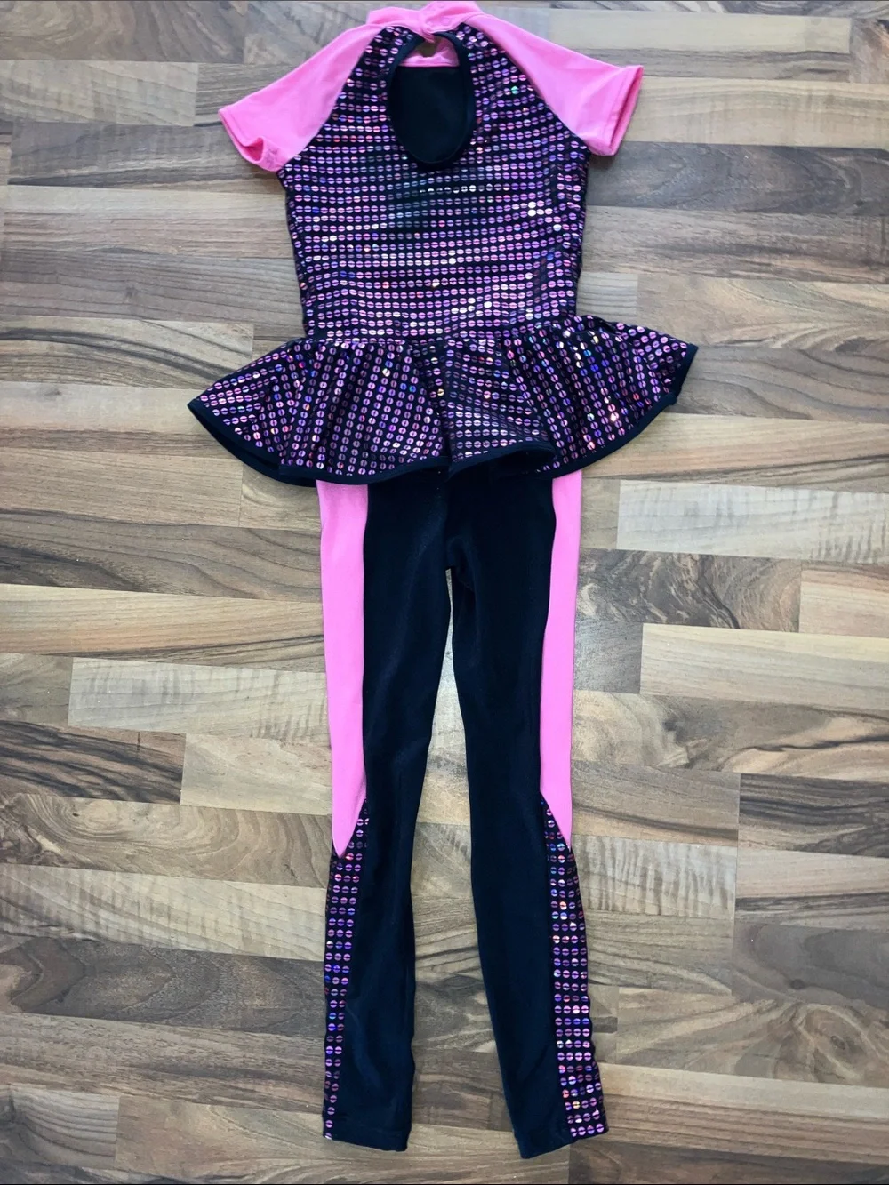 Weissman Dancewear Costume Pink black sequin pants one piece Sz 1C girls